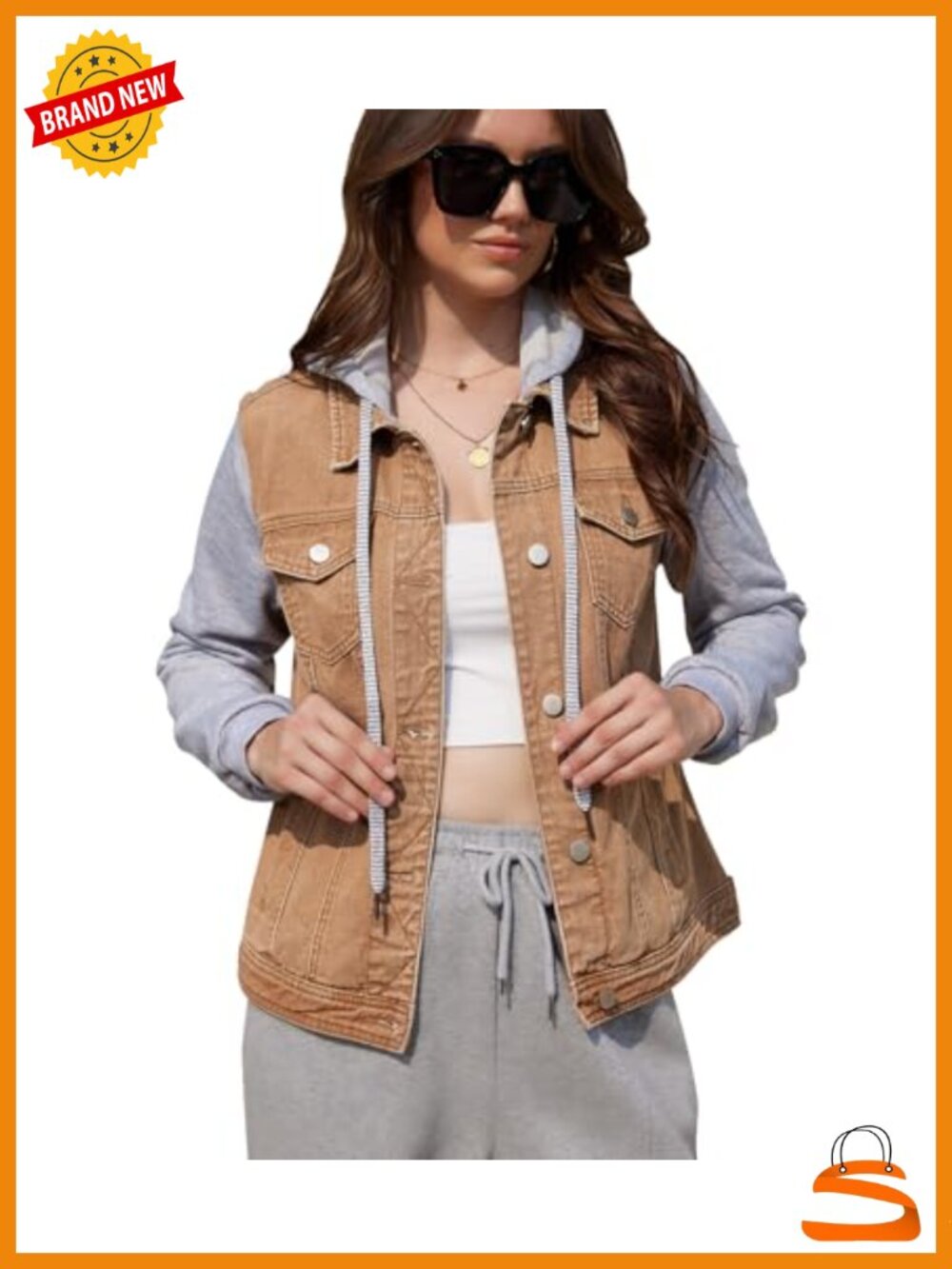 Layered Drawstring Denim Jacket Two-Flap Pockets Casual Coat